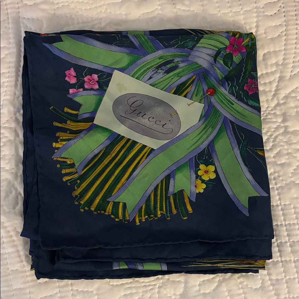 Gucci Navy Silk Scarf with Floral Accents